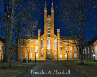 A print or canvas of Old Main at Franklin & Marshall College.  Can add a name and class year or message at no cost.