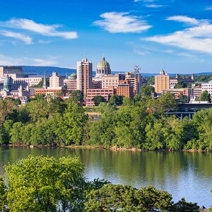 Harrisburg PA Capital with view over City Island
