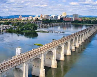 A print or canvas of an aerial view of Harrisburg Pennsylvania from over the Susquehanna River