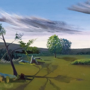 May include: A painting of a landscape with a single tree in the foreground, a second tree in the middle ground, and a group of trees in the background. The sky is a light blue with white clouds. The ground is green and grassy.