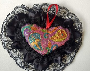 Handmade heart shaped scented sachet with hand painted paisley design and lace trim