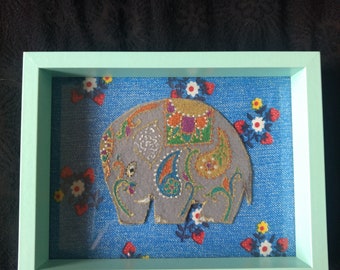 Handmade & hand-painted fabric collage elephant picture