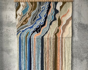 Large abstract woven wall hanging with long fringe. Boho  Woven decorations . Tapestry Weaving Natural Landscape.Abstract wall art/