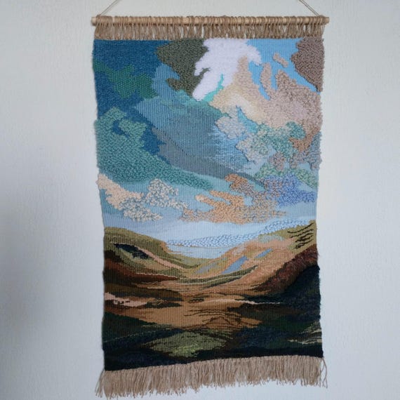 Large woven wall hanging Mountain landscape.. Textured tapestry. Textile wall decoration. Yarn wall art