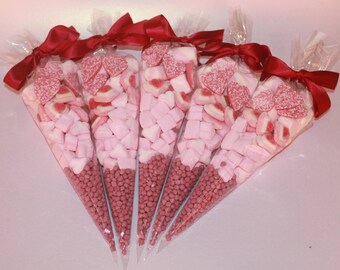 Sweethearts Sweet Cones with Romantic Red Satin Ribbon Perfect Party Favours, Gifts, Weddings, Engagements, Party Bags