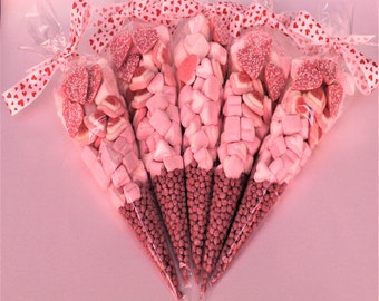 Sweethearts Sweet Cones with Pretty Love Hearts Satin Ribbon Perfect Party Favours, Gifts, Weddings, Engagements, Party Bags