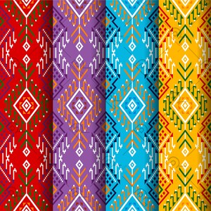 May include: A vertical repeating pattern featuring four distinct color panels in red, purple, blue, and yellow. Each panel displays a symmetrical geometric design with white diamond shapes, green and orange accents, and intricate angular line work.