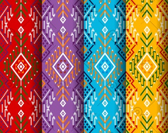 Digital Paper Thai Fabric 4 color Batik Seamless Patterns Hand Drawn Textile Patterns Download Instant Download