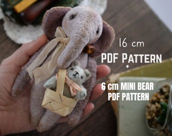 Teddy Elephant sewing PDF pattern + miniature bear pattern  - INSTANT DOWNLOAD