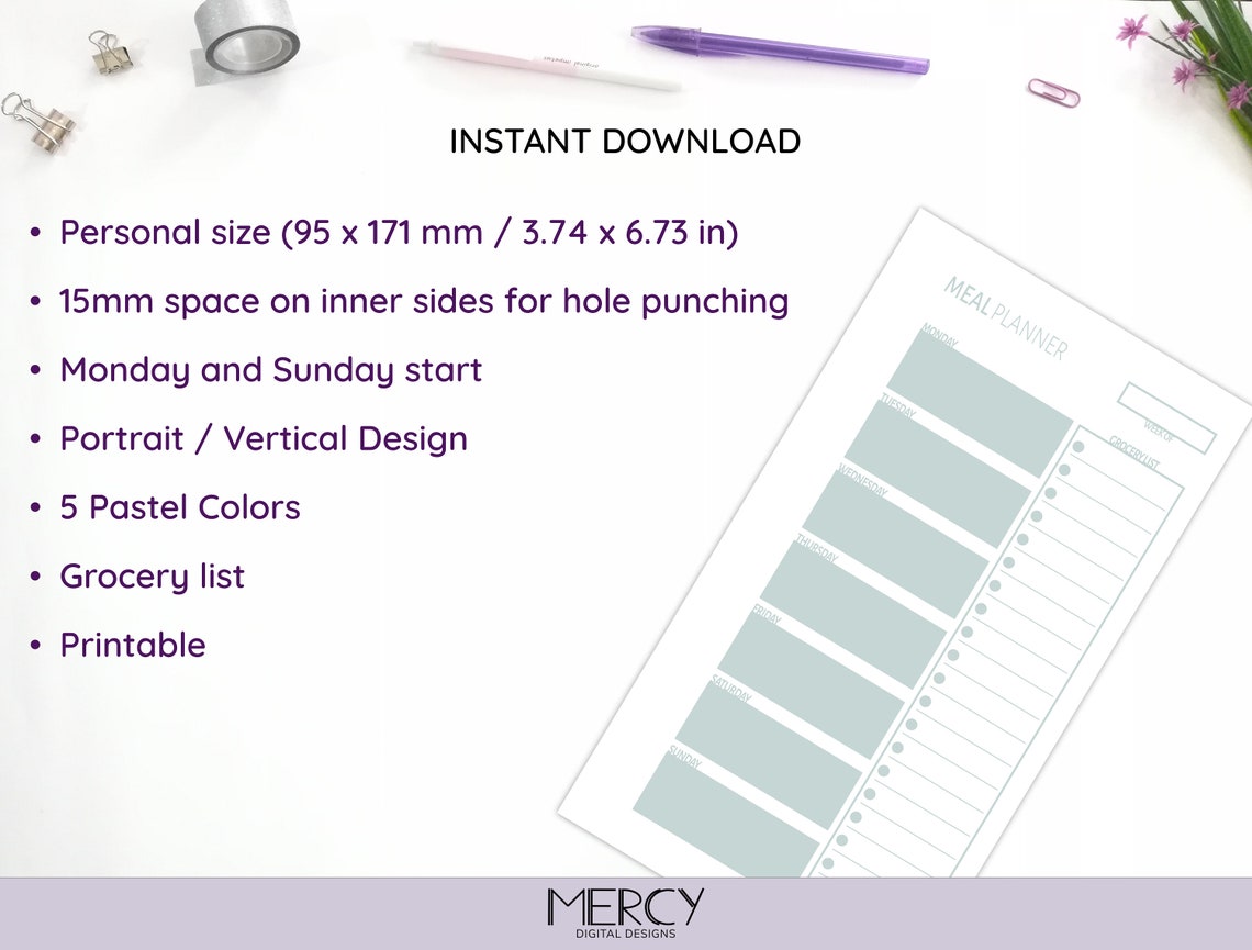 Personal Meal Planner Printable Insert Personal Size Weekly - Etsy