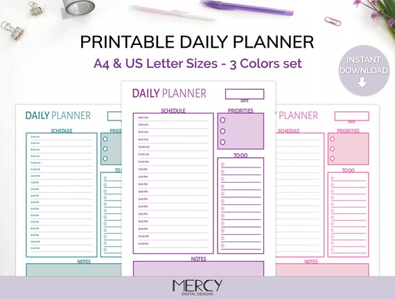 Printable Daily Planner Daily Hourly Planner Day on One | Etsy