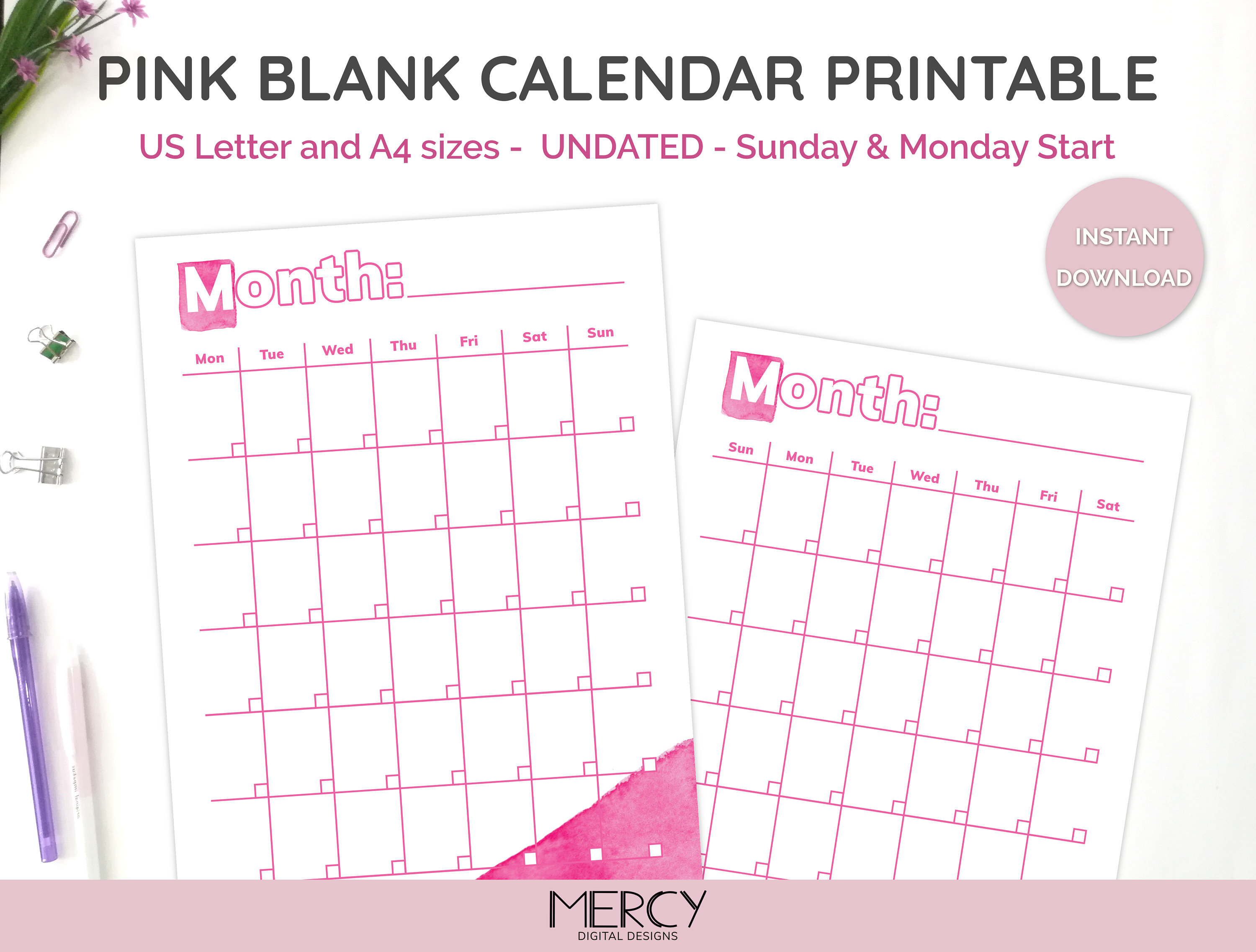 Blank Calendar Printable Pink Watercolor Calendar Undated Etsy España