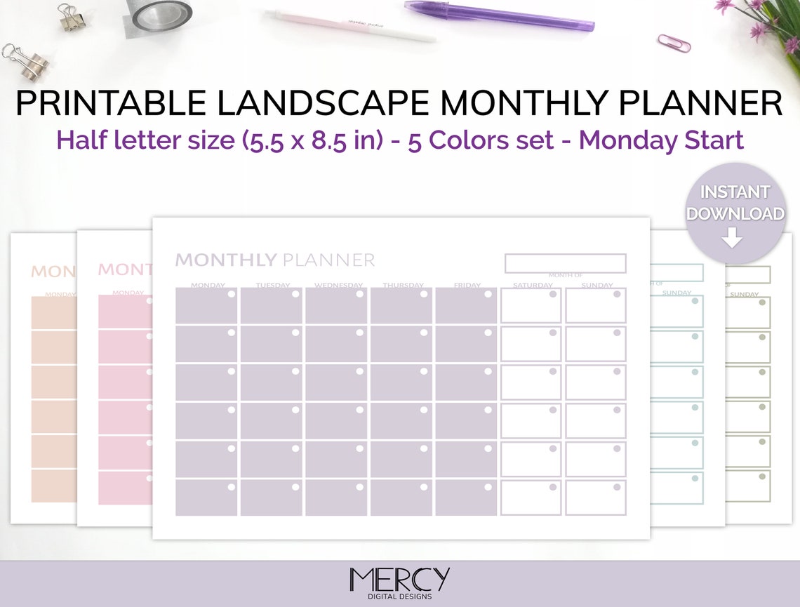 Half Letter Monthly Planner Printable, Half Letter Undated Calendar - Etsy