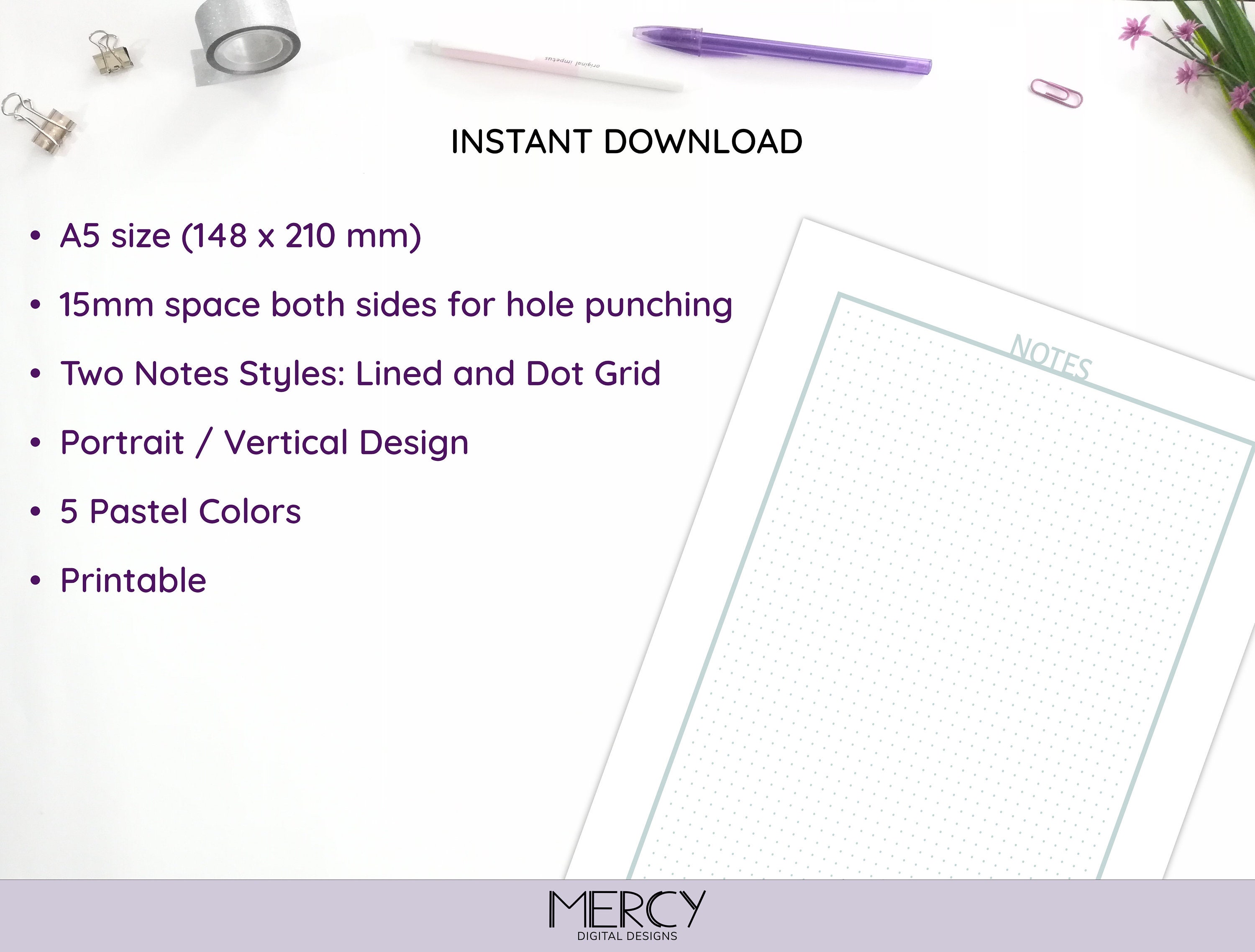 A5 Notes Printable, Lined Notes, Dot Grid Notes, Pastel Notes - Etsy