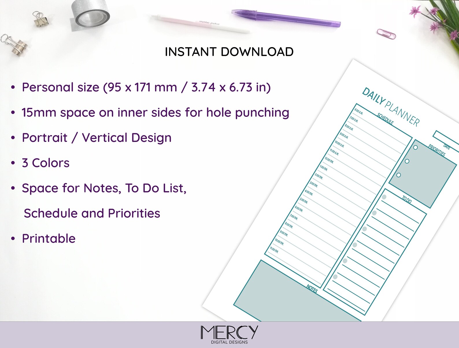 Personal Size Daily Planner Printable, Personal Size Planner Inserts