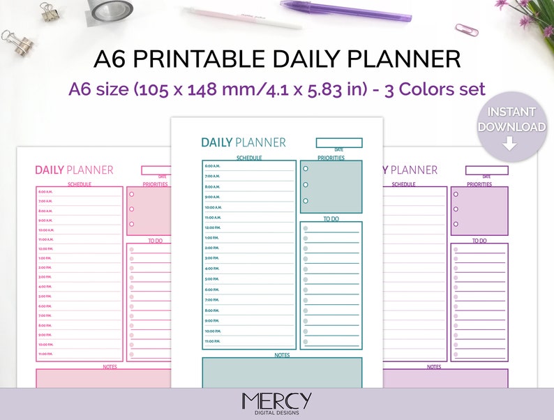 A6 Daily Planner Printable Daily Hourly Planner Day on One - Etsy