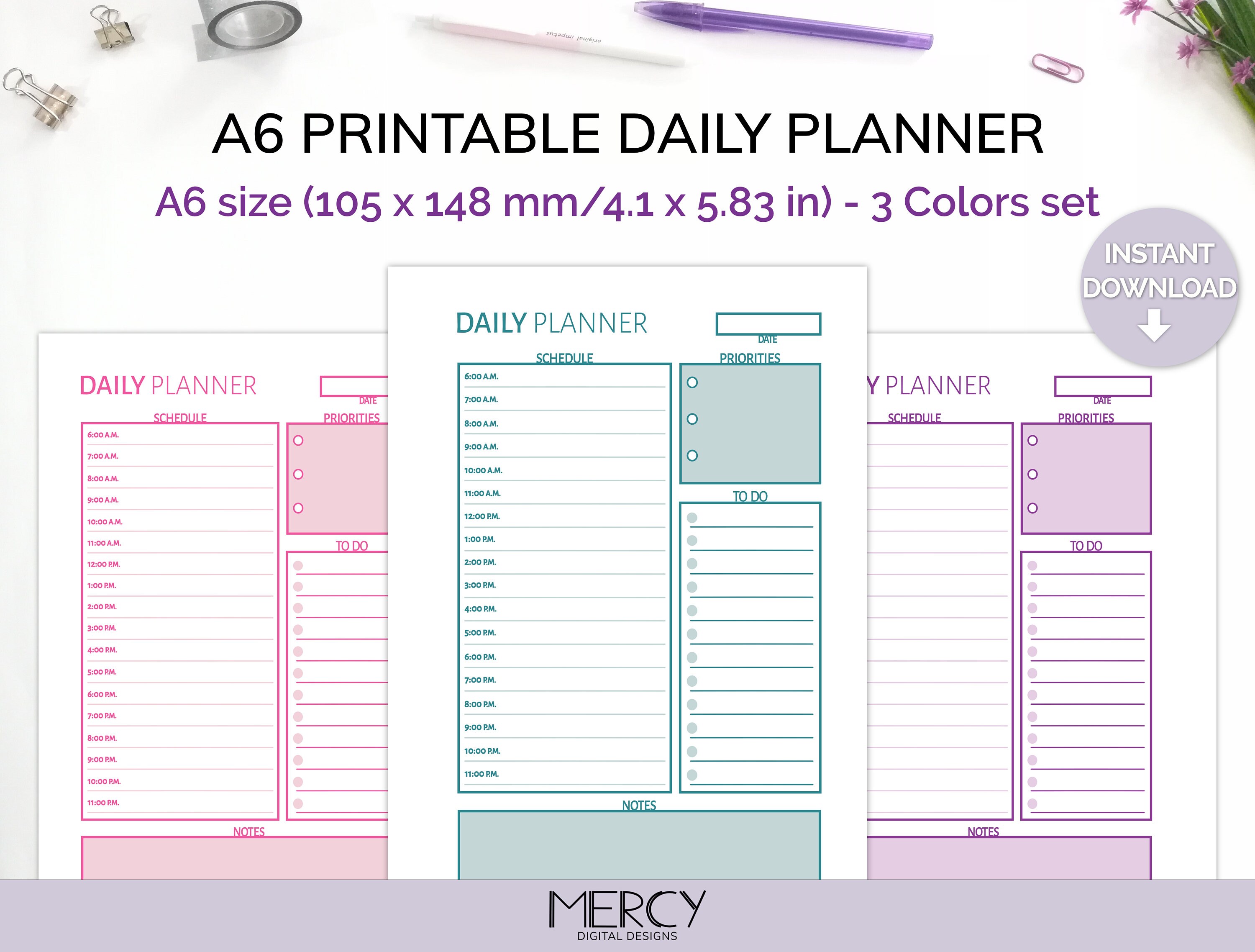 A6 Daily Planner Printable Daily Hourly Planner Day on One - Etsy