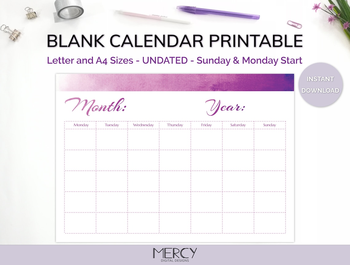 Blank Calendar Printable, Purple, Undated, A4, Letter - Etsy