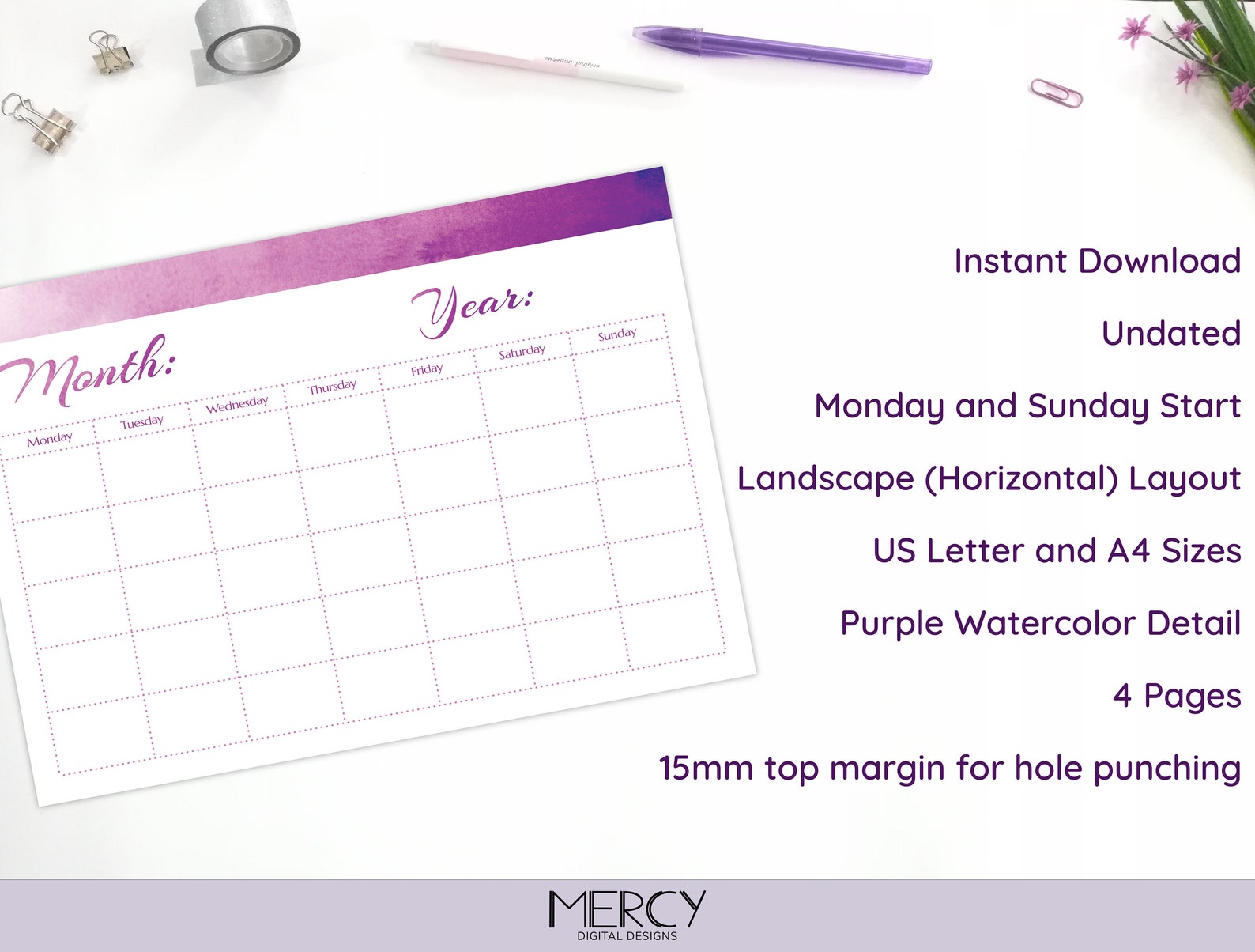 Blank Calendar Printable, Purple, Undated, A4, Letter - Etsy