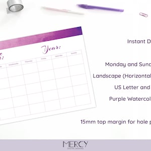 Blank Calendar Printable, Purple, Undated, A4, Letter - Etsy
