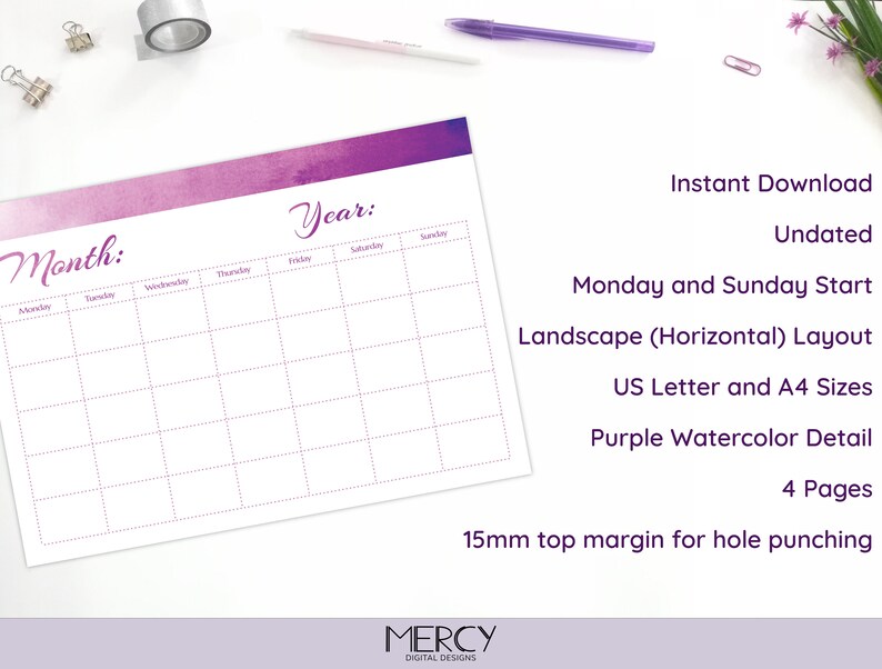 Blank Calendar Printable, Purple, Undated, A4, Letter - Etsy