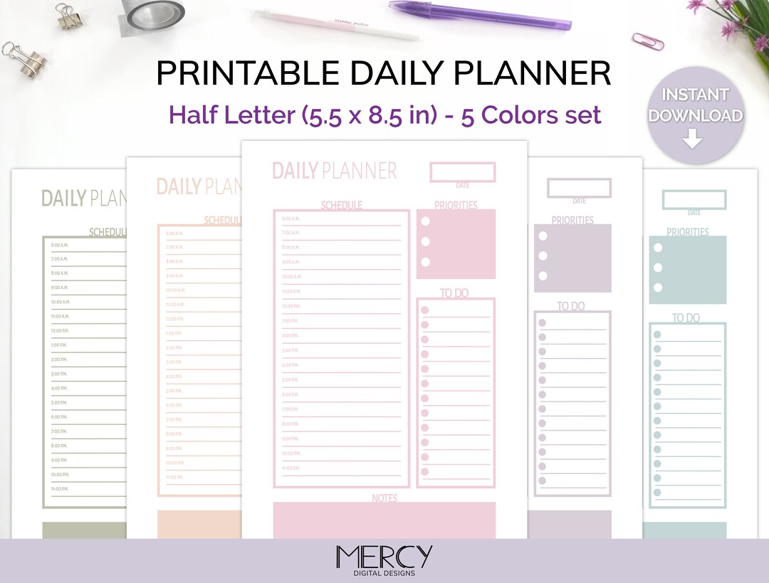 Half Letter Daily Planner Printable, Daily Schedule, Daily to Do List ...