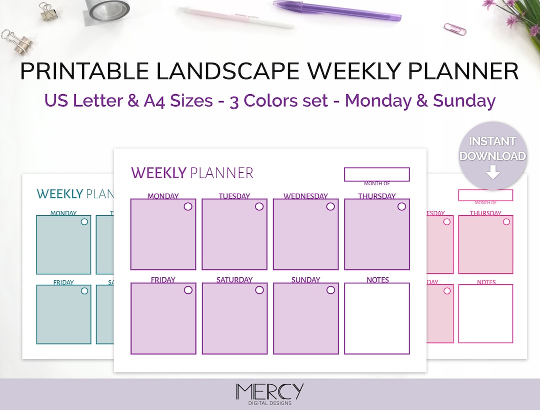 Printable Weekly Planner, Landscape Weekly Planner Printable, A4 and US ...