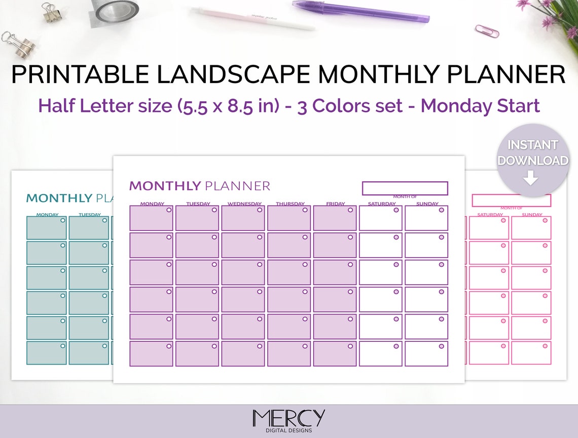 Half Letter Monthly Planner Printable Landscape Undated - Etsy