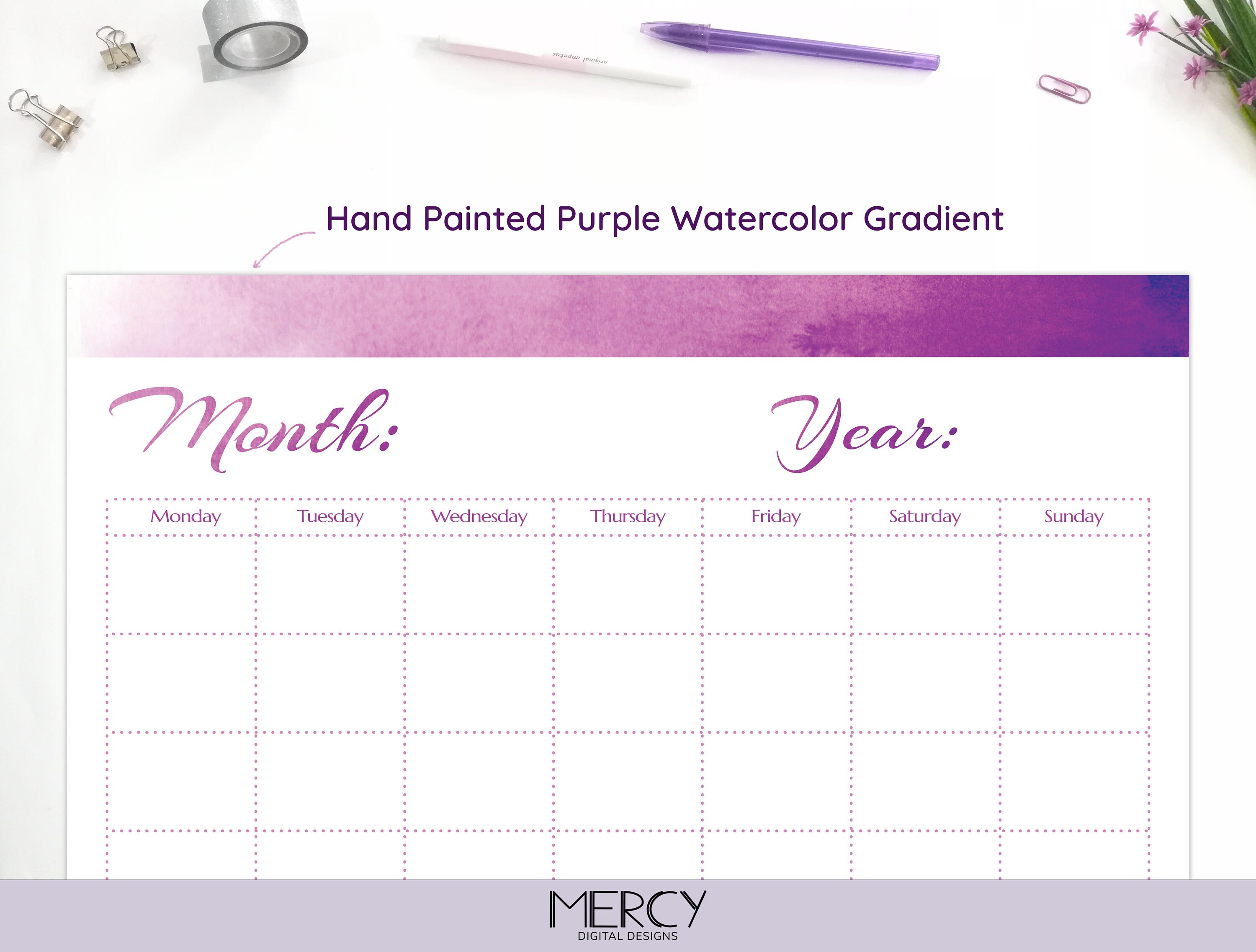 Blank Calendar Printable, Purple, Undated, A4, Letter - Etsy