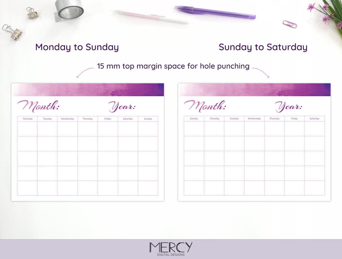 Blank Calendar Printable Purple Undated A4 Letter - Etsy