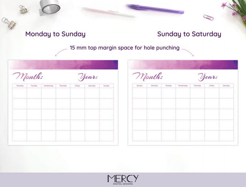 Blank Calendar Printable, Purple, Undated, A4, Letter - Etsy