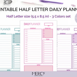 Half Letter Daily Planner Printable, Day on One Page, Daily Schedule ...