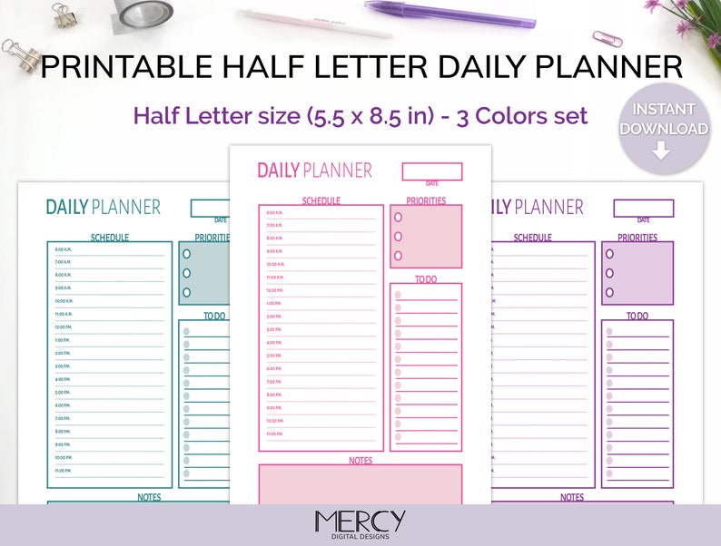 Half Letter Daily Planner Printable, Day on One Page, Daily Schedule ...