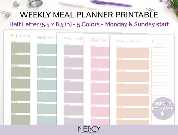 Half Letter Weekly Meal Planner Printable Grocery List | Etsy