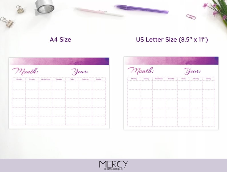 Blank Calendar Printable, Purple, Undated, A4, Letter - Etsy