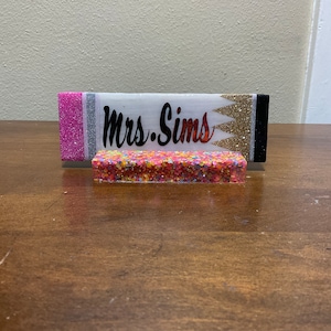 Teacher Appreciation Gift/ Custom Desk Name Plate Plaque/ UV Resin on Ceramic Tile w/Glitter Base or Solid Color Base