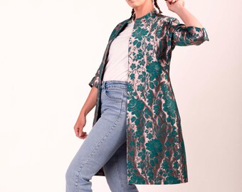 Jacket,kimono,overcoat,trench,jacquard,japan,silk,3/4 sleeve,flowers,emerald,powder,belt,42.44 [Jacquard kimono jacket - emerald green]