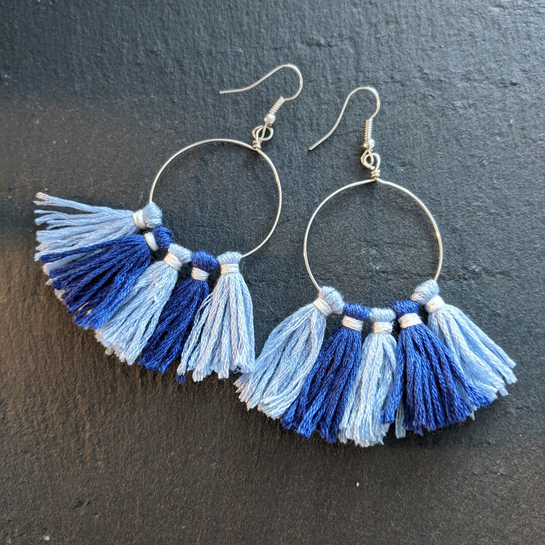 Blue Tassel Hoop Earrings Silver Tassel Earrings Statement Tassel