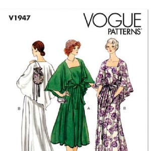 May include: Vogue Patterns vintage sewing pattern, reissue circa 1976 design, V1947, featuring three women wearing different styles of long dresses. The dress on the left is white, the middle dress is green, and the dress on the right is floral.