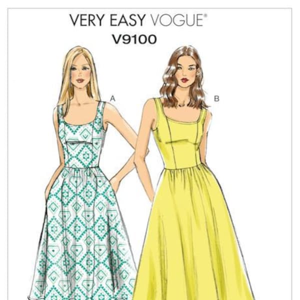 Vogue V9100 Very Easy New Women’s Fitted Bodice Dress Sewing Pattern ~ Retro style, Scoop neck Bodice, Customfit Cups, Pockets ~ All Sizes