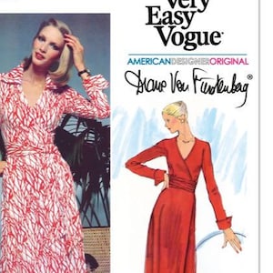 May include: Vintage Very Easy Vogue sewing pattern V2000. The pattern features a wrap dress with a red and white abstract print. The illustration shows a long red dress. Designed and printed in the USA.