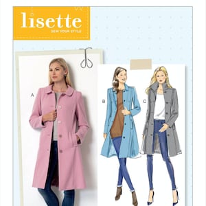 Puede incluir: Un patrón de costura para abrigos de mujer. El patrón presenta tres diseños de abrigo en rosa, azul y gris. La imagen incluye la marca "lisette" y "Butterick". El número de patrón es B6385.