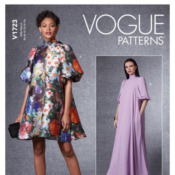 Vogue V1723 New Women’s A-line Dress Balloon Sleeves Sewing Pattern ~ Neck Bow ties, Pockets ~ Sizes 8-24