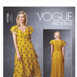 Vogue V9251 V1734 New Women’s Wrap Dress Sewing Pattern ~Classic Feminine, Flutter sleeves, Midi, Maxi highlow hem, Pockets ~ Sizes 8-24