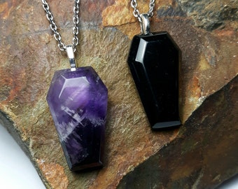 Amethyst or Obsidian Gemstone Coffin Necklace, Stainless Steel Chain, Goth Necklace