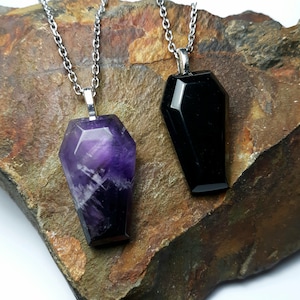 Amethyst or Obsidian Gemstone Coffin Necklace, Stainless Steel Chain, Goth Necklace