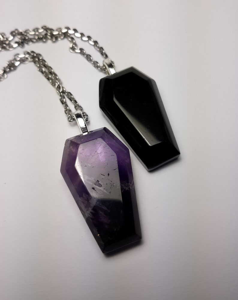 Amethyst or Obsidian Gemstone Coffin Necklace Stainless Steel - Etsy