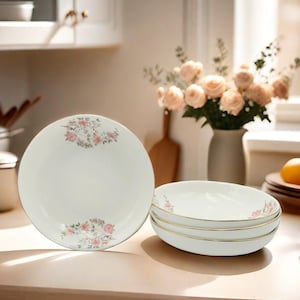 Set of 4 Elegant 9&quot; Porcelain Dinner Bowls with HD Floral Decal and Gold Trim - 45oz Capacity, Perfect for Pastas, Salads, and Main Dishes
