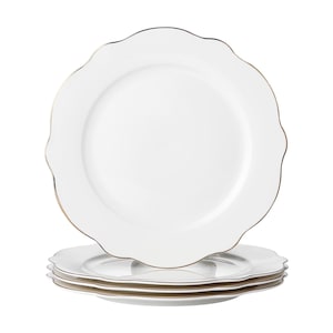Platos de porcelana Pacifica Dinning con borde festoneado, juego de 4, borde dorado de 10,5 pulgadas, duraderos para uso diario