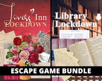 Puede incluir: Dos paquetes de juegos de escape room, uno titulado "Lovers Inn Lockdown" con una ilustración floral y el otro titulado "Library Lockdown" con una estantería y un libro abierto. Ambos paquetes incluyen un juego de escape tradicional y una sección de notas latinas.